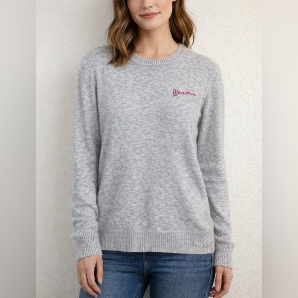 Saks Fifth Avenue Gray Cashmere Wool Blend Crewneck Sweater L’amour Script Top